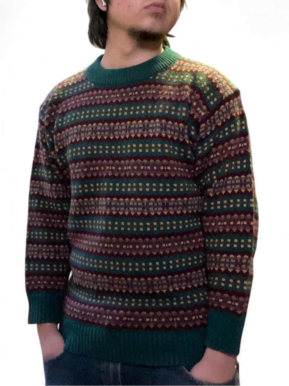 Vintage‎ Michel Green Multi-Color Patterned Crewneck Knit Sweater Size S